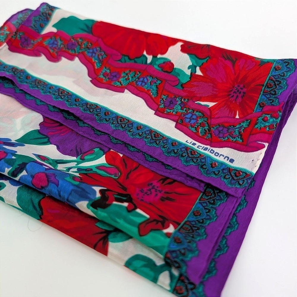 Rare Liz‎ Claiborne Vintage Floral Silk Scarf Red Purple White Paisley Border - Picture 3 of 7